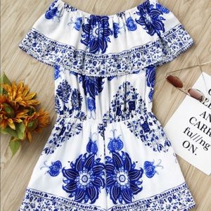 Blue and white floral romper